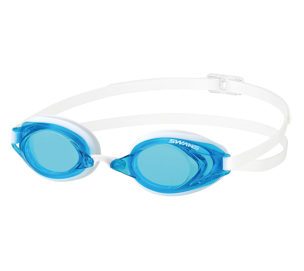 Swim goggles with blue lenses and white frame.