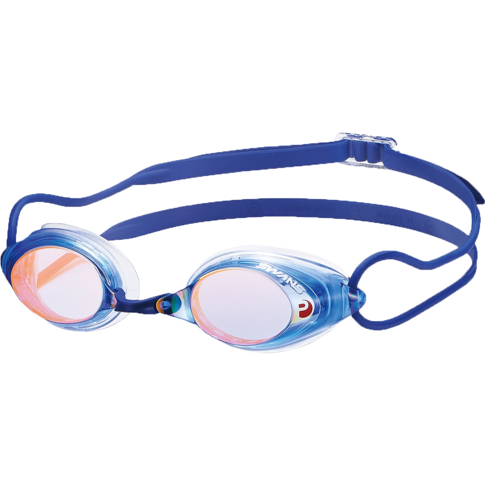 SWANS SRX swimming goggles with blue and orange mirrored lenses and a blue strap