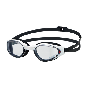 A pair of Ascender open water goggles with a wide, curved mirror lens and a traditional double silicone strap, predominantly in black color with white and red accents.
