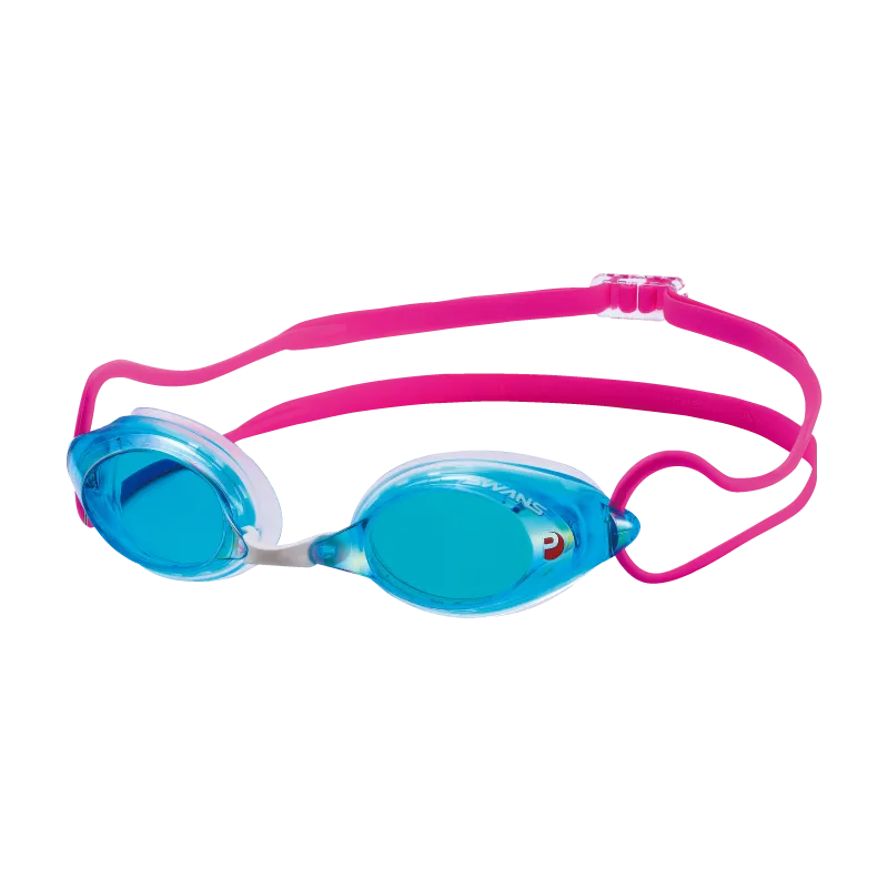 SWANS SRX swimming goggles with a pink silicone strap and blue lenses.